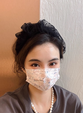 cookie饰品韩国法式黑色波点蕾丝褶皱头颅高发箍女宽边高级感头箍