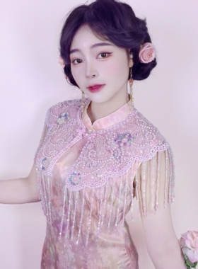 幻彩水晶蓝色钉珠云肩明制重工刺绣披肩配饰中国风流苏斗篷国风