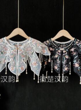 白色花精品珍珠领围明制云肩汉服刺绣百搭重工披肩绣花徽楚汉韵