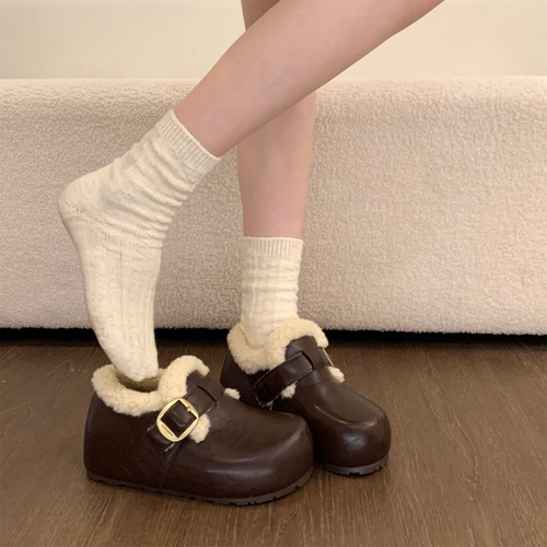 厚底加绒勃肯鞋女2025新款冬季内增高复古一脚蹬加绒毛毛鞋棉鞋子 - 图0