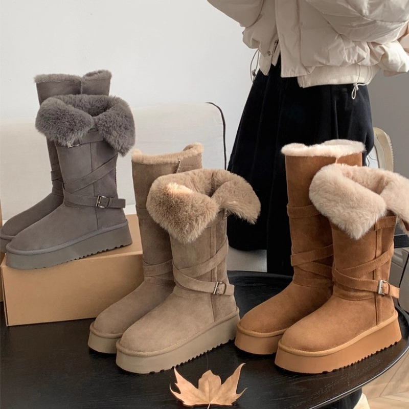 厚底高筒雪地靴女2025年冬季新款翻边加绒加厚保暖棉靴抗寒长筒靴,淘宝优惠券,粉丝福利购,淘宝优惠卷