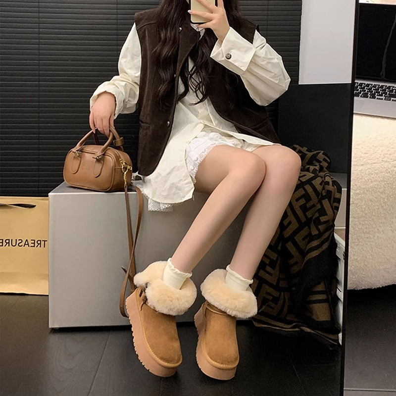 厚底皮毛一体冬短筒中筒雪地靴女2025新款加绒加厚保暖东北大棉鞋 - 图3