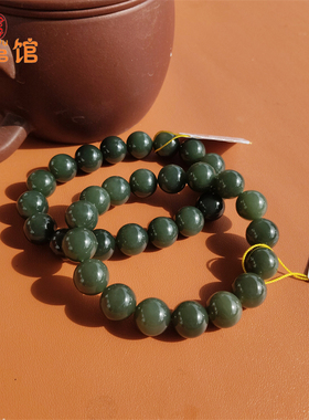 湖绿色12mm圆珠手串青海料和田玉深绿手钏