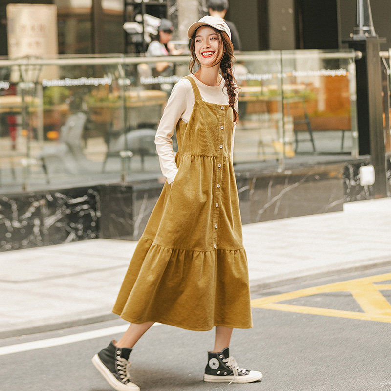 茵曼灯芯绒背带裙中长款2020连衣裙 茵曼筱茵连衣裙