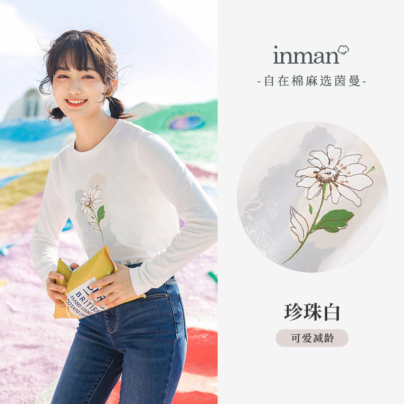 茵曼旗舰店纯棉t恤女长袖打底衫 茵曼筱茵T恤