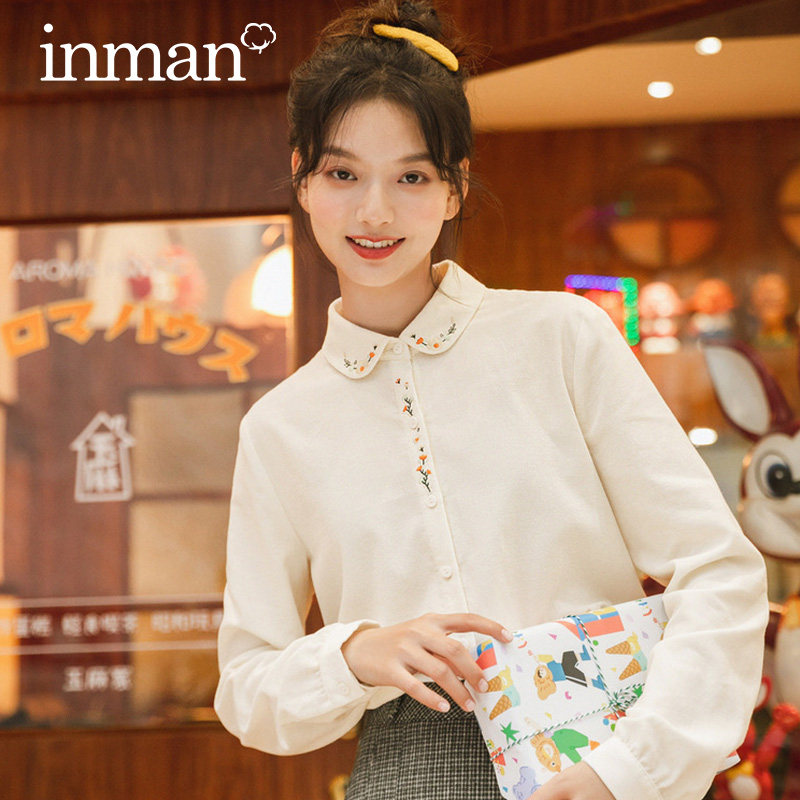 茵曼灯芯绒2021秋装新款娃娃领衬衫 茵曼筱茵衬衫