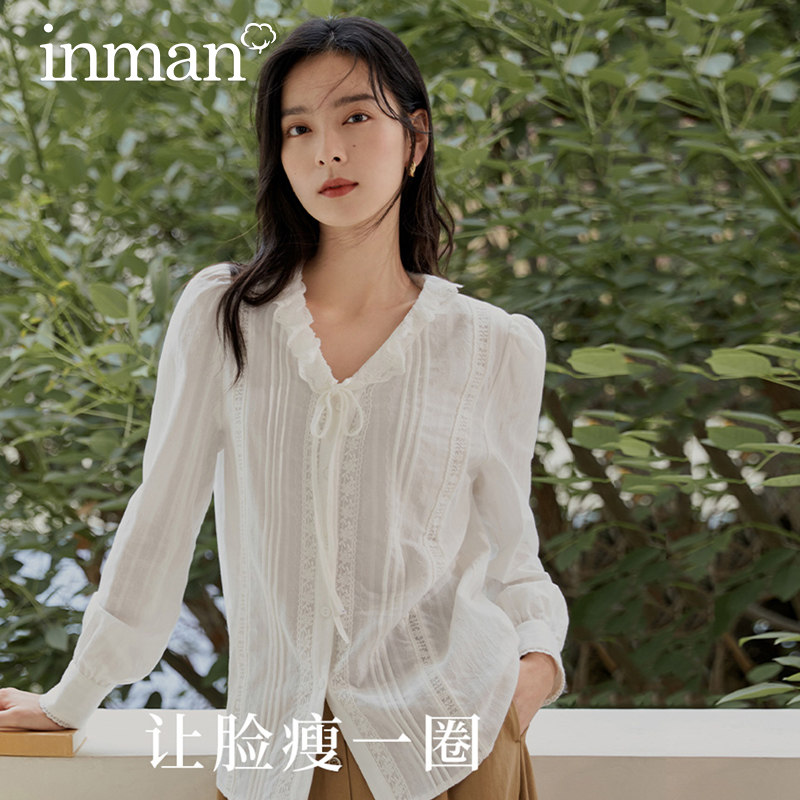 茵曼法式气质v领蕾丝2023春季衬衫 茵曼筱茵衬衫