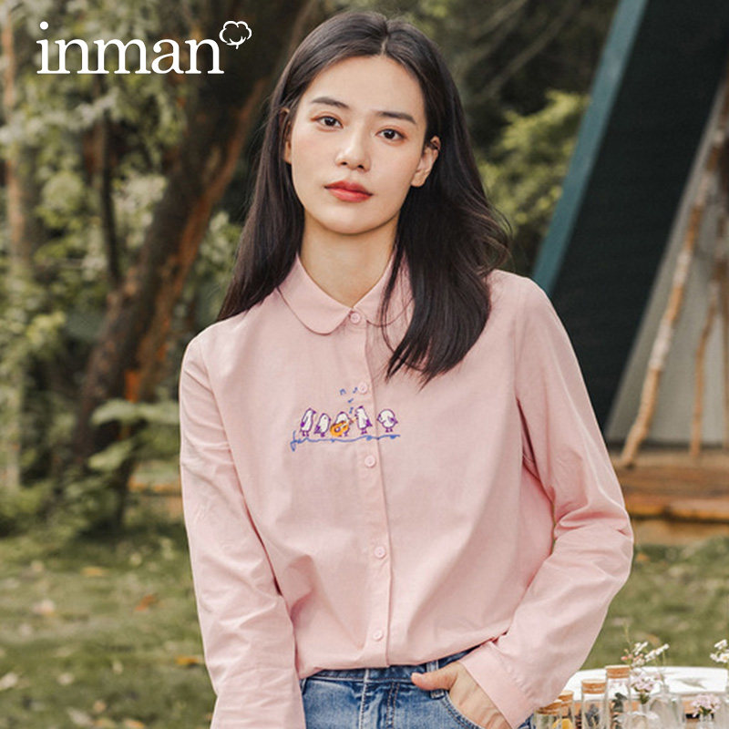 茵曼旗舰店娃娃领长袖衬衣纯棉衬衫 茵曼筱茵衬衫