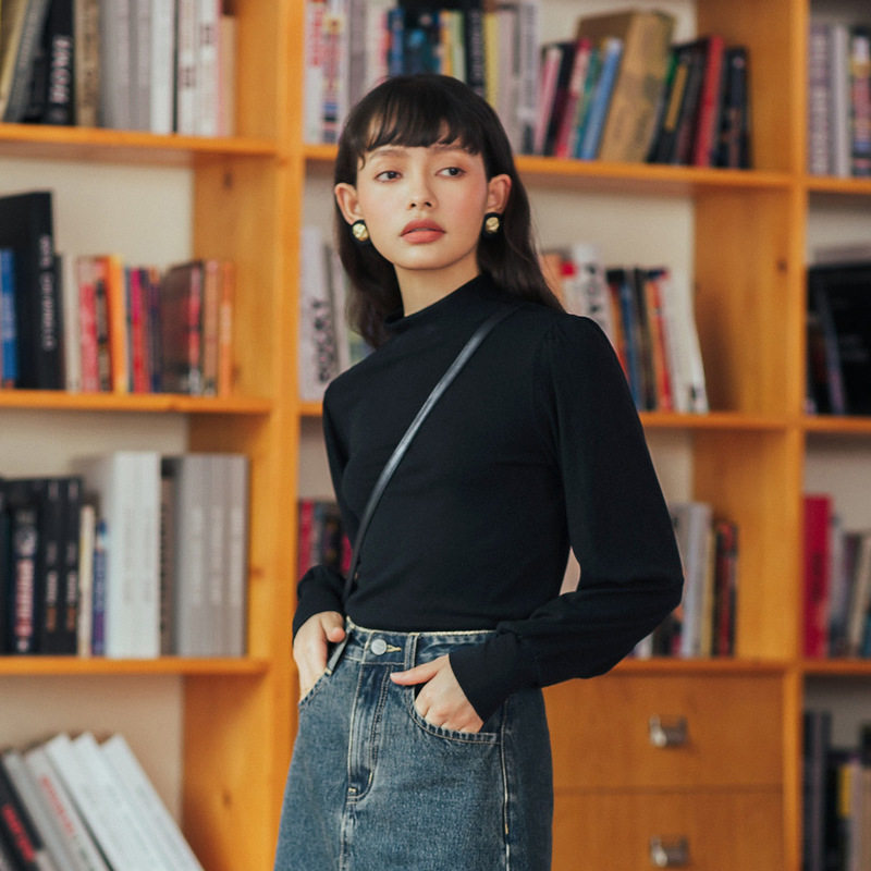 茵曼半高领t恤法式泡泡袖秋打底衫 茵曼筱茵T恤