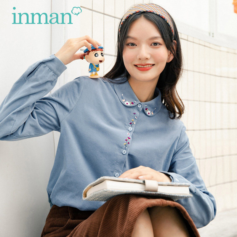 茵曼灯芯绒2021秋装新款娃娃领衬衫 茵曼筱茵衬衫