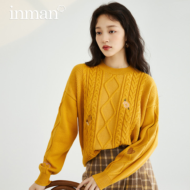 茵曼麻花套头2022春季新款宽松毛衣 茵曼筱茵毛衣
