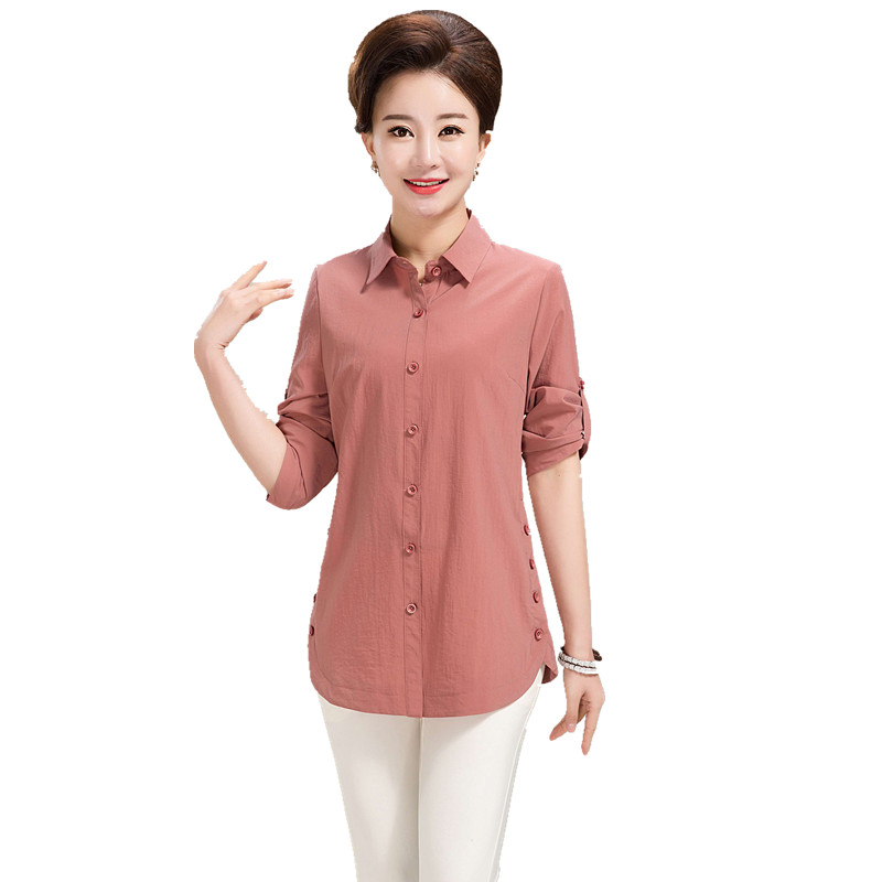 中老年衬衫女长袖夏季纯色上衣中年女装大码妈