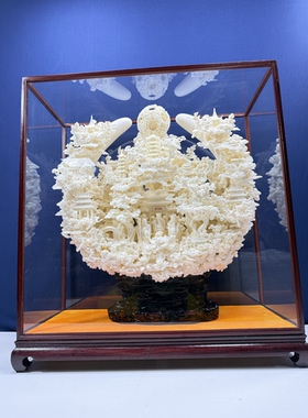 骨雕摆件纯手工雕刻主题丰富亭台楼阁松树艺术摆件大型雕刻摆件