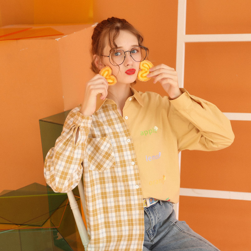 库恩玛维旗舰店库恩玛维设计感小众拼接衬衫女年新款不规则格子衬衣秋季上衣0