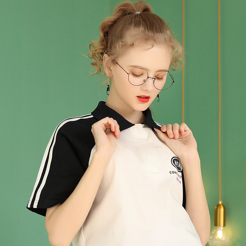 库恩玛维旗舰店短袖撞色T恤女夏季年新款宽松港风翻领Polo衫ins潮情侣装上衣1