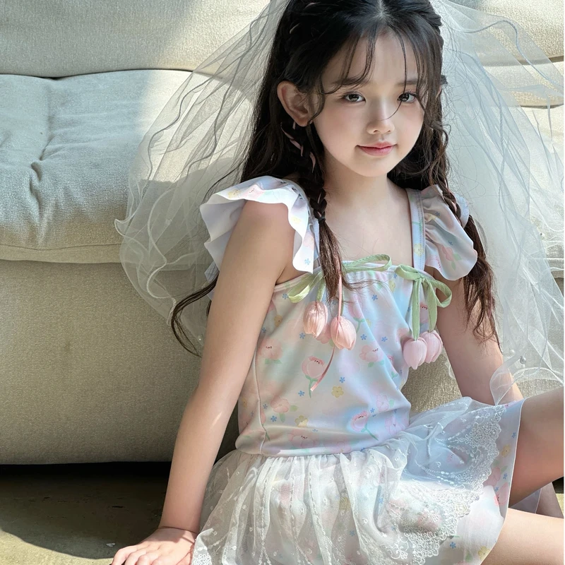 209儿童泳衣夏季新款吊带连衣裙蕾丝甜美女童泳衣平角裙式泳装 - 图0