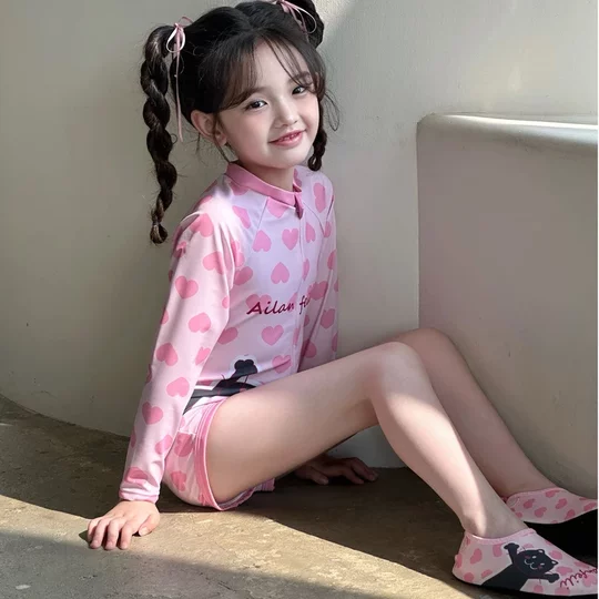 高能感女童泳衣连体防晒女孩长袖游泳平角速干冰凉感泳衣