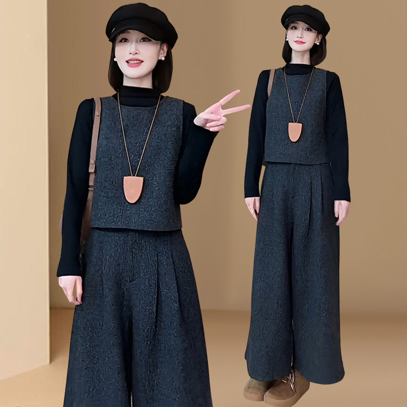 2026年秋冬季新款高级感毛呢时尚马甲套装女气质九分阔腿裤三件套,淘宝优惠券,粉丝福利购,淘宝优惠卷