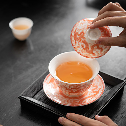 苏氏陶瓷（SUSHI CERAMICS）红九龙纹三才盖碗功夫泡茶碗茶杯 - 图1