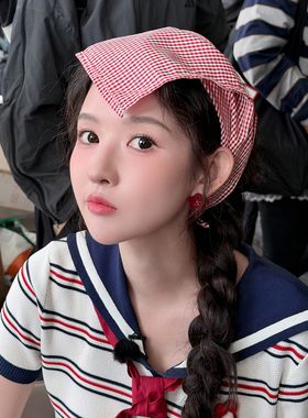 王玉雯同款头巾少女感甜美红格子包头三角巾拍照出片装饰格纹丝巾