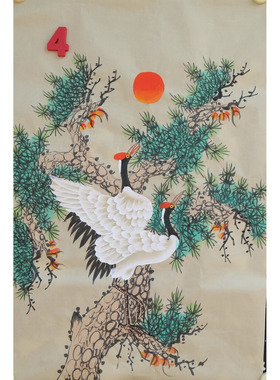 特价手绘竖幅无款四尺三开松树仙鹤松鹤延年国画装饰字画RC6502