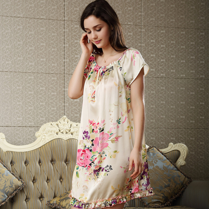 舒绸坊夏天短袖100桑蚕丝睡裙中裙 舒绸坊睡裙