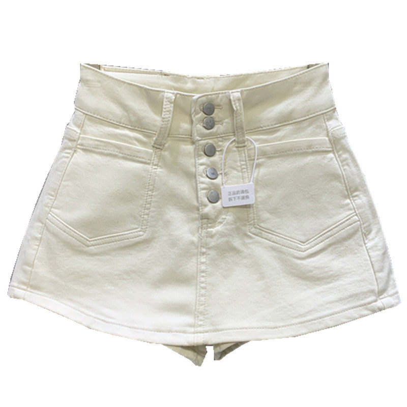 韩版2025春夏新款米杏色前裙后裤牛仔a字裙高腰弹力不同排扣短裤,淘宝优惠券,粉丝福利购,淘宝优惠卷