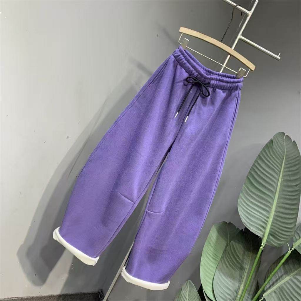 慵懒通勤加绒加厚紫色洋气百搭休闲卫裤2024冬季新款宽松显弯刀裤,淘宝优惠券,粉丝福利购,淘宝优惠卷