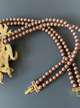 Vintage中古 美拉德色系咖色琉璃珍珠水晶花束吊坠双层短项链女