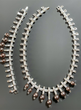 Vintage中古 设计感重工质感立体咖啡色琉璃珍珠镶嵌手链项链套装