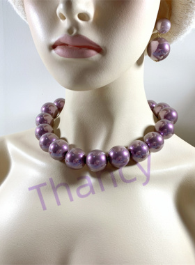 Vintage Joan Rivers打标超大颗粒光泽感柔光紫珍珠耳环手链项链