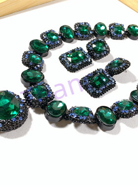 LF祖母绿玻璃水晶项链耳环套装