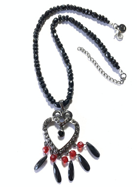 Vintage中古 美国老牌LC打标黑色爱心坠琉璃珠项链锁骨链女