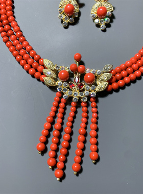 Vintage中古 喜庆新娘配饰本命年中国红色琉璃珠流苏项链耳环套装