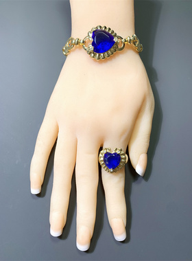 Vintage法国品FL打标海洋之心宝蓝爱心水晶耳环戒指项链手链套装