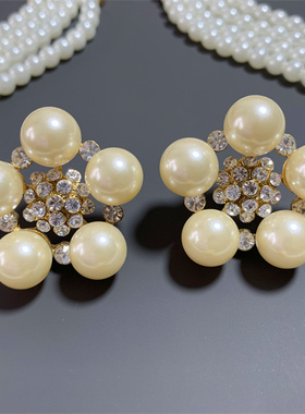 Vintage中古 重工纯白色多层琉璃珍珠金色花朵耳钉短款项链套装