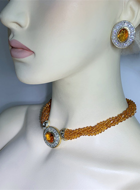 Vintage中古美拉德色系焦糖色切面琉璃水晶大颗粒耳夹多层项链套