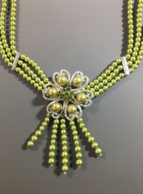 Vintage中古清新绿色多层琉璃珍珠流苏莱茵石花朵坠短项链Chorker