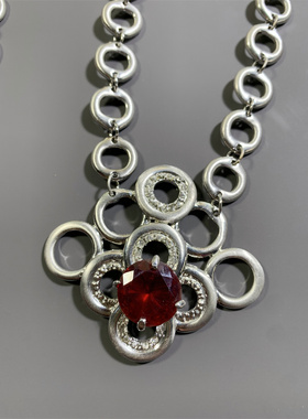 Vintage欧洲西洋古董首饰MN打标酒红水晶拉丝银色耳钉手链项链套