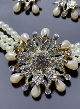 Vintage中古 雪花花盘造型多层琉璃珍珠短款项链戒指耳钉套装