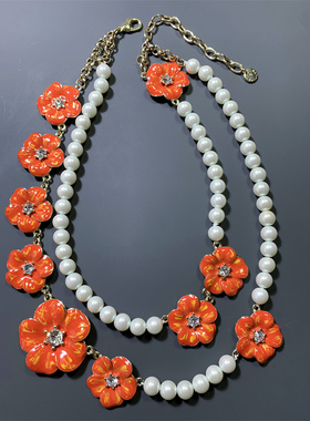 Vintage中古TALB0TS打标设计感不对称橘色珐琅花朵琉璃珍珠项链