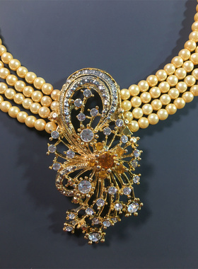 Vintage中古 香槟色气质优雅复古百搭多层琉璃珍珠莱茵石坠项链