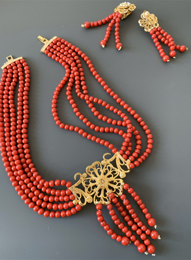 Vintage西洋古董回流 夸张复古金色花朵红色琉璃珍珠耳夹项链套装