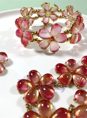 渐变粉琉璃花朵耳钉项链手链