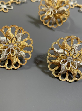 Vintage中古IVY打标磨砂金银撞色层叠花朵造型耳环项链手链戒指套