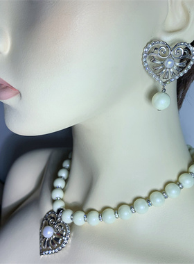 Vintage中古SP打标质感百搭小香风琉璃珍珠爱心耳环手链项链套装