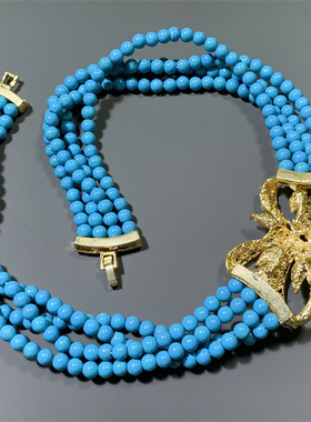 Vintage中古 松石蓝色琉璃珠多层夸张蝴蝶结造型坠短款项链女