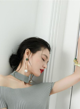 经典绿色石头白珍珠长耳环耳夹