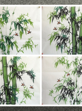 墨香村国画红色花鸟字画纯手绘四尺斗方竹子竹报平安MU309071-100