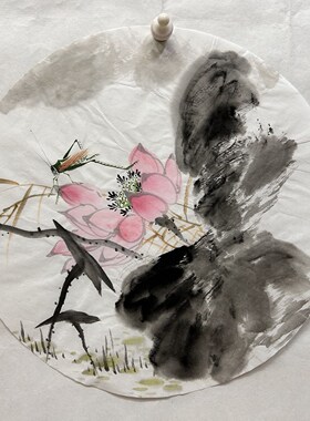直径32厘米装饰国画纯手绘走廊过道圆形荷花花鸟画MT5070101-37